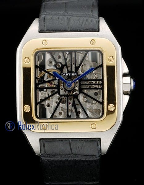 Cartier replica santos 100 skeletron strip leather acciaio oro imitazione copia - immagine 3