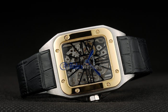 Cartier replica santos 100 skeletron strip leather acciaio oro imitazione copia - immagine 6