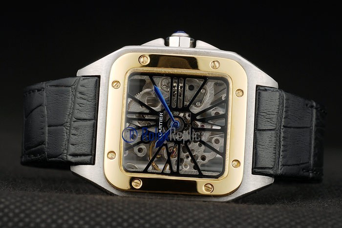 Cartier replica santos 100 skeletron strip leather acciaio oro imitazione copia - immagine 7