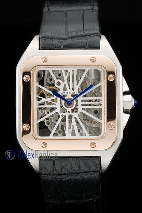 Cartier replica santos 100 skeletron strip leather acciaio rose gold imitazione copia - immagine 2