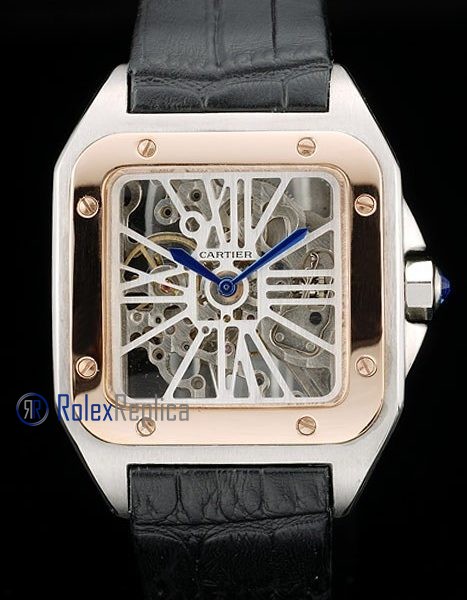Cartier replica santos 100 skeletron strip leather acciaio rose gold imitazione copia