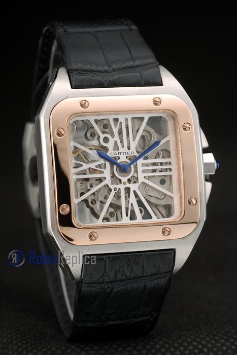 Cartier replica santos 100 skeletron strip leather acciaio rose gold imitazione copia - immagine 5