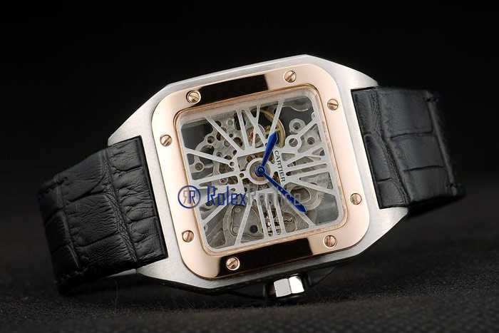 Cartier replica santos 100 skeletron strip leather acciaio rose gold imitazione copia - immagine 6