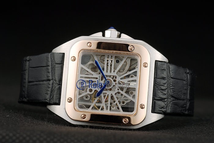 Cartier replica santos 100 skeletron strip leather acciaio rose gold imitazione copia - immagine 7