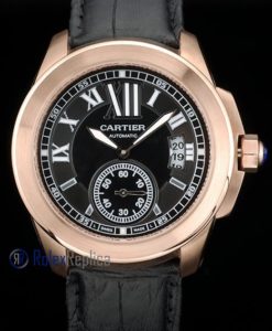 Alternative view of Cartier replica calibre skeletron rose gold black strip leather imitazione copia