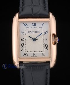 Alternative view of Cartier replica tank americaine oro strip leather black white dial imitazione copia