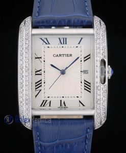 Alternative view of Cartier replica tank americaine brillantini strip leather blue white dial imitazione copia