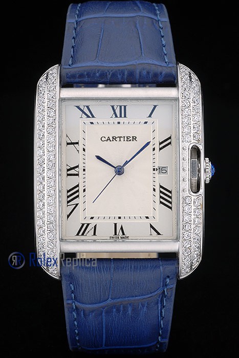 Cartier replica tank americaine brillantini strip leather blue white dial imitazione copia - immagine 2
