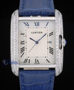 Cartier replica tank americaine brillantini strip leather blue white dial imitazione copia