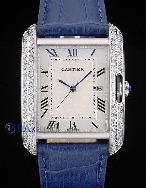 Cartier replica tank americaine brillantini strip leather blue white dial imitazione copia