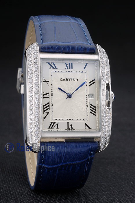 Cartier replica tank americaine brillantini strip leather blue white dial imitazione copia - immagine 4