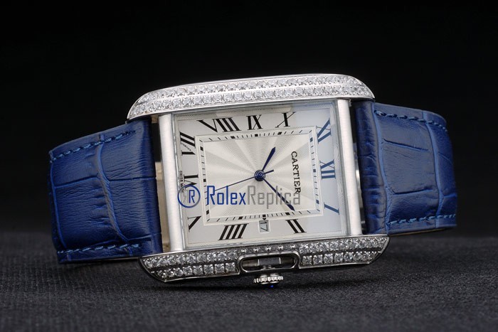 Cartier replica tank americaine brillantini strip leather blue white dial imitazione copia - immagine 5