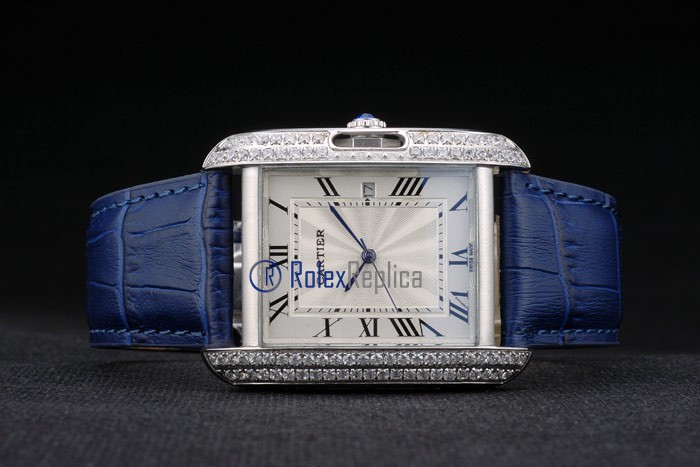 Cartier replica tank americaine brillantini strip leather blue white dial imitazione copia - immagine 6