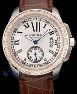Alternative view of Cartier replica calibre skeletron rose gold strip leather white dial imitazione copia