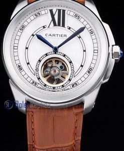 Cartier replica calibre skeletron tourbillon strip leather white dial imitazione copia