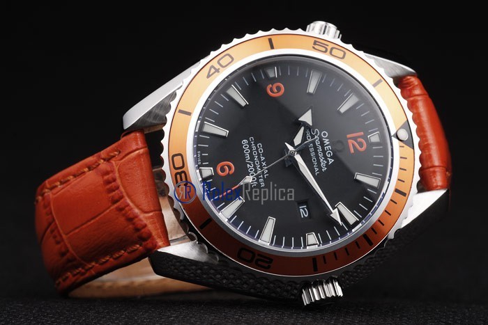 Omega replica seamaster co-axial orange bezel strip leather imitazione copia - immagine 4