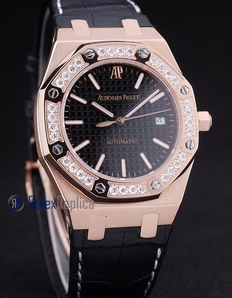 audemars piguet replica royal oak jumb rose gold black dial strip leather imitazione copia - immagine 3