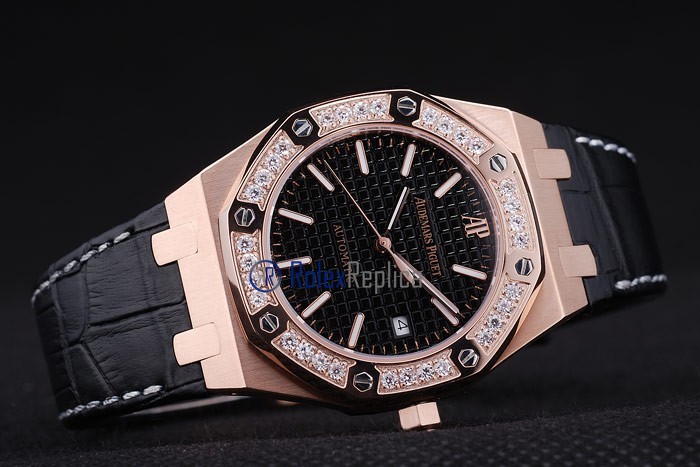 audemars piguet replica royal oak jumb rose gold black dial strip leather imitazione copia - immagine 4