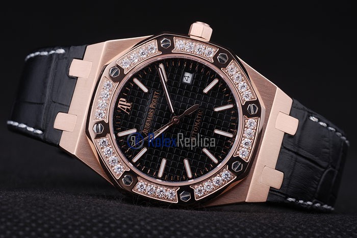 audemars piguet replica royal oak jumb rose gold black dial strip leather imitazione copia - immagine 5