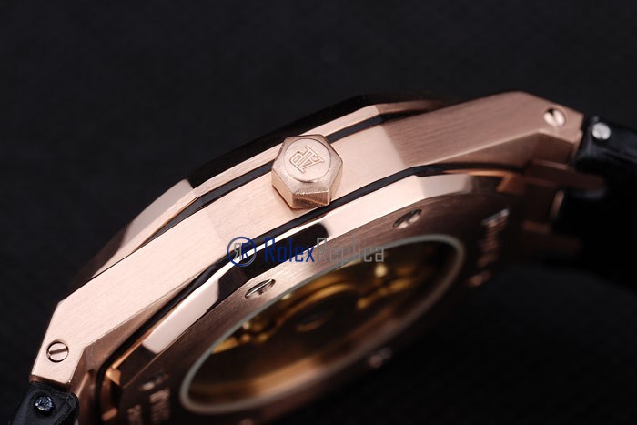 audemars piguet replica royal oak jumb rose gold black dial strip leather imitazione copia - immagine 10
