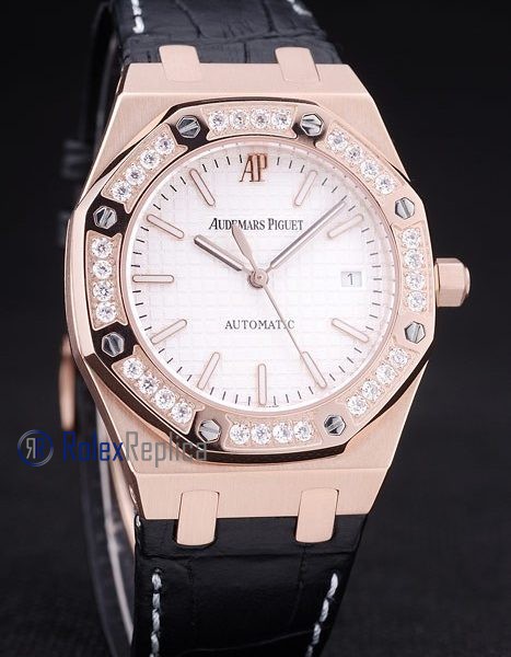 audemars piguet replica royal oak jumb rose gold white dial strip leather imitazione copia - immagine 3
