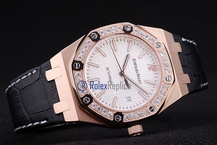 audemars piguet replica royal oak jumb rose gold white dial strip leather imitazione copia - immagine 4
