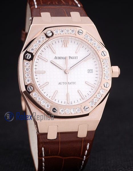 audemars piguet replica royal oak jumb rose gold white dial strip leather brown imitazione copia - immagine 3