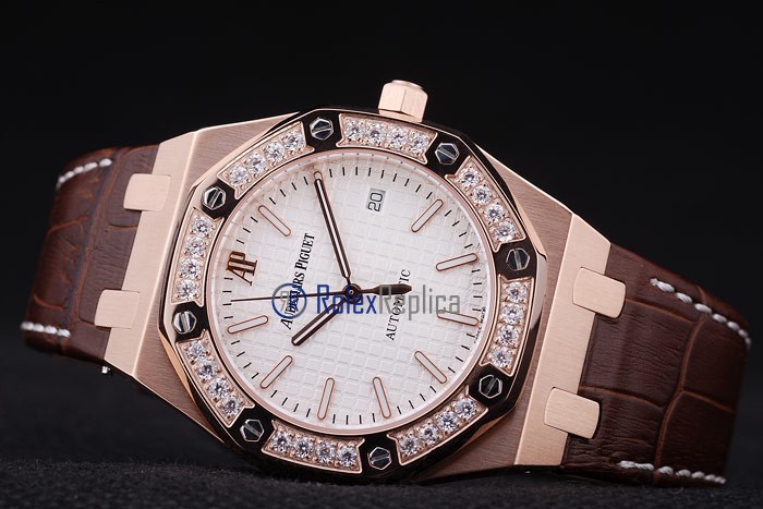 audemars piguet replica royal oak jumb rose gold white dial strip leather brown imitazione copia - immagine 5