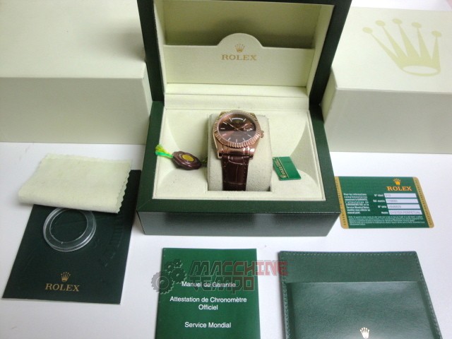 rolex replica daydate rose gold chocolate strip leather orologio replica copia imitazione - immagine 3