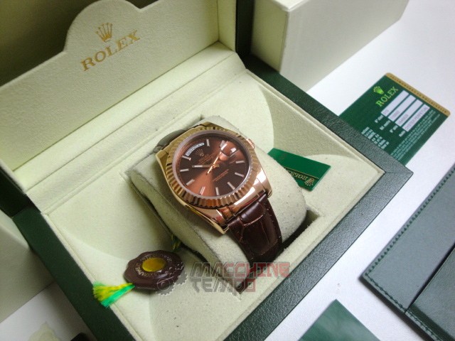 rolex replica daydate rose gold chocolate strip leather orologio replica copia imitazione - immagine 4
