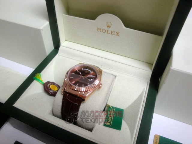 rolex replica daydate rose gold chocolate strip leather orologio replica copia imitazione - immagine 5