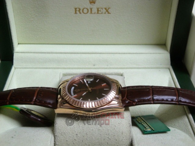 rolex replica daydate rose gold chocolate strip leather orologio replica copia imitazione - immagine 8