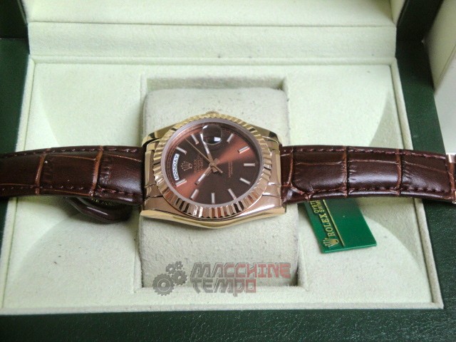 rolex replica daydate rose gold chocolate strip leather orologio replica copia imitazione - immagine 9