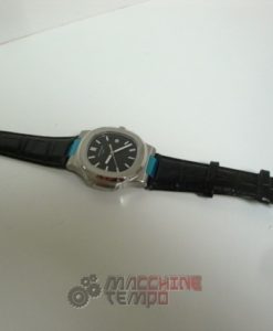 Alternative view of patek philippe replica nautilus blak dial skeletron acciaio strip leather orologio imitazione