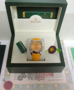Alternative view of rolex replica oyster perpetual acciaio yellow dial leather orologio imitazione