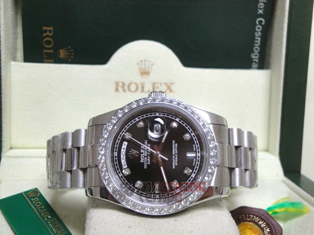 rolex replica daydate ll platinum white gold black dial brillantini bezel orologio replica copia imitazione