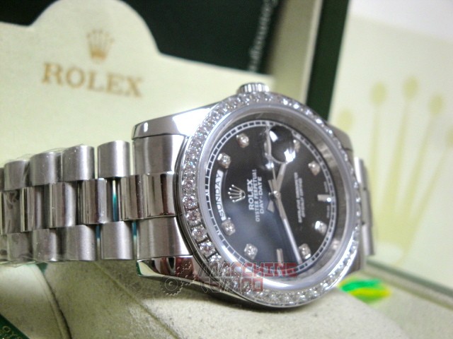 rolex replica daydate ll platinum white gold black dial brillantini bezel orologio replica copia imitazione - immagine 9