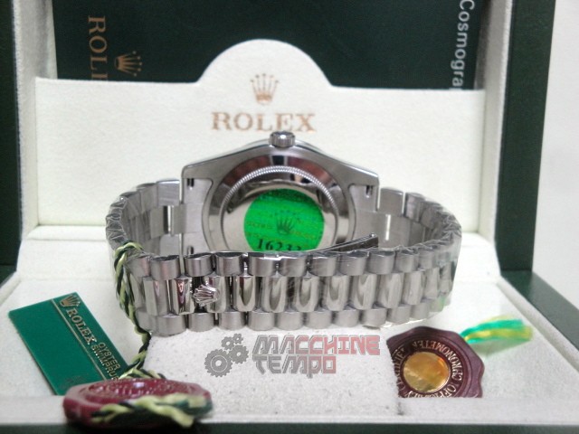rolex replica daydate ll platinum white gold black dial brillantini bezel orologio replica copia imitazione - immagine 12