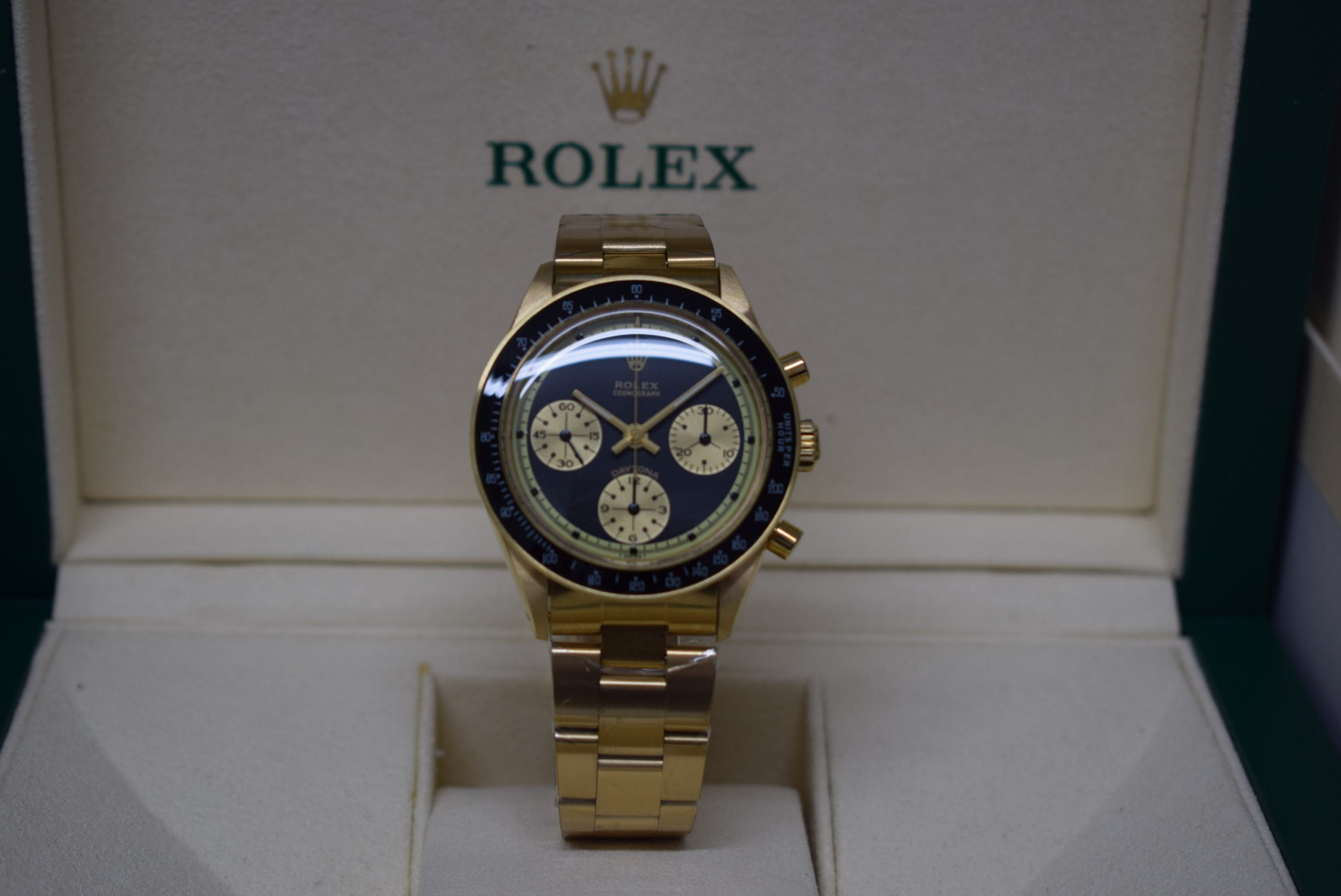 Rolex replica vintage daytona paul newman john player special 6264 yellow gold black dial - immagine 2