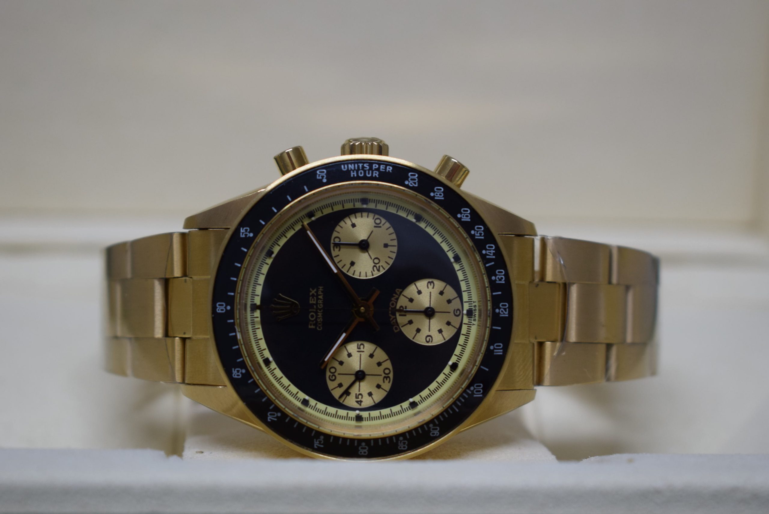 Rolex replica vintage daytona paul newman john player special 6264 yellow gold black dial