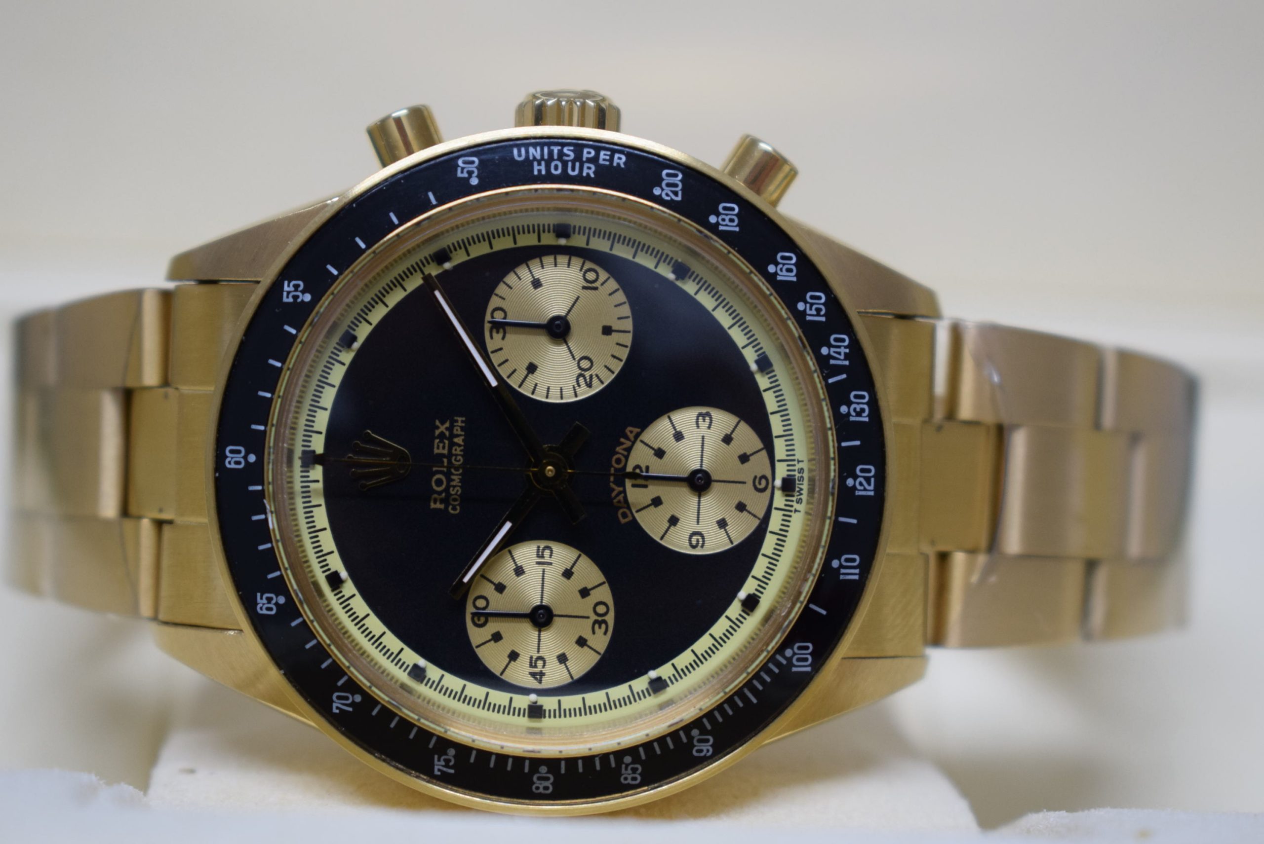 Rolex replica vintage daytona paul newman john player special 6264 yellow gold black dial - immagine 4