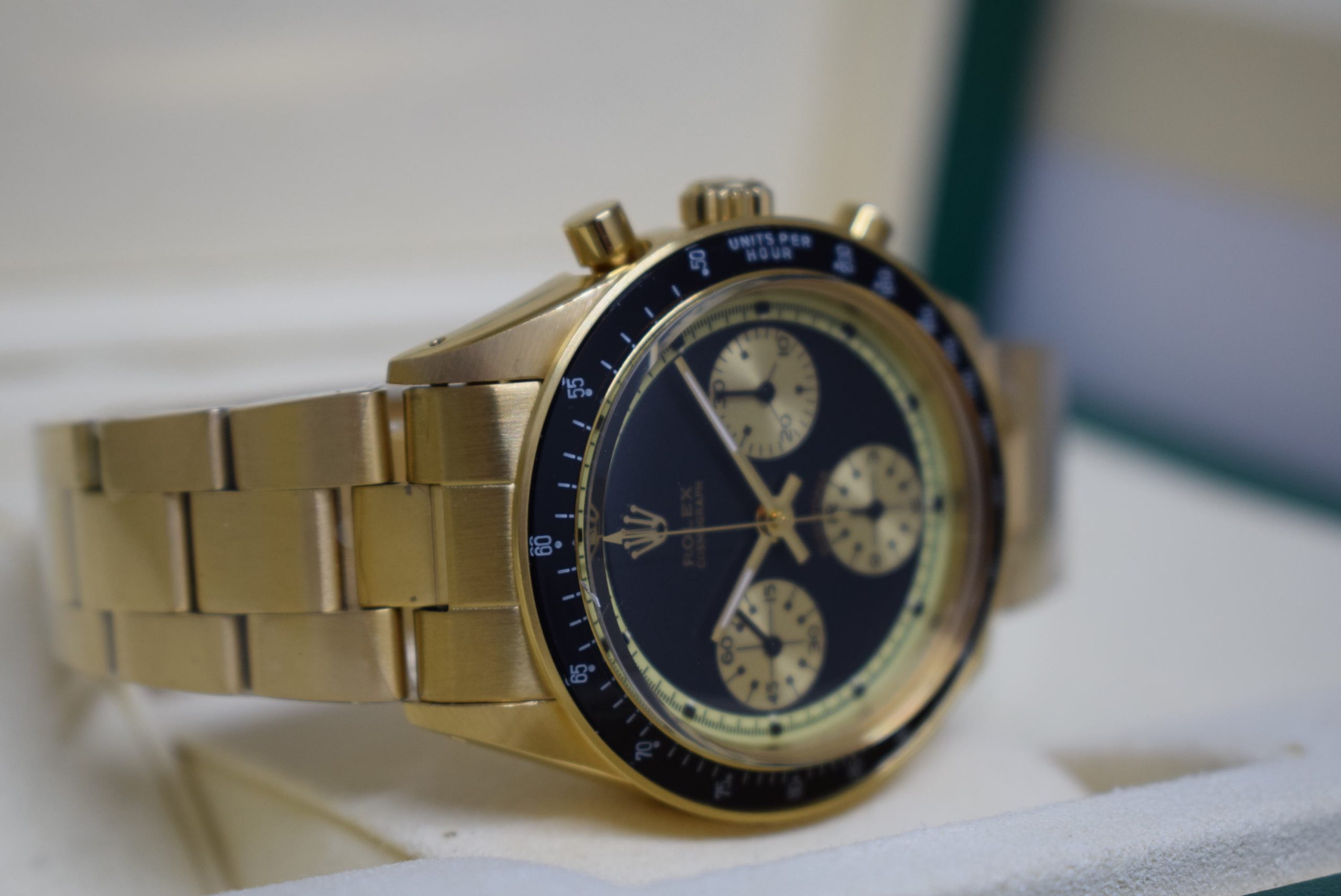 Rolex replica vintage daytona paul newman john player special 6264 yellow gold black dial - immagine 6