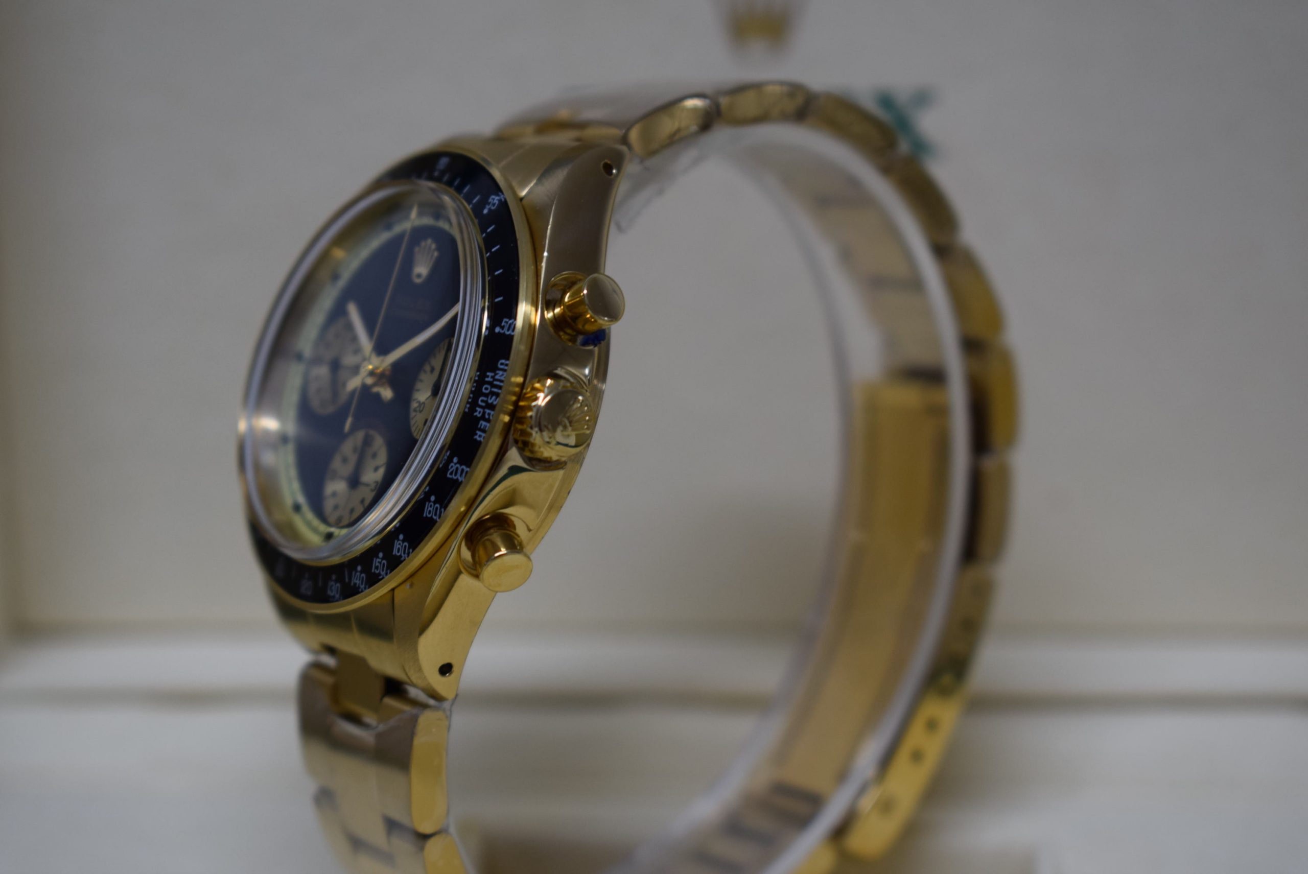 Rolex replica vintage daytona paul newman john player special 6264 yellow gold black dial - immagine 7