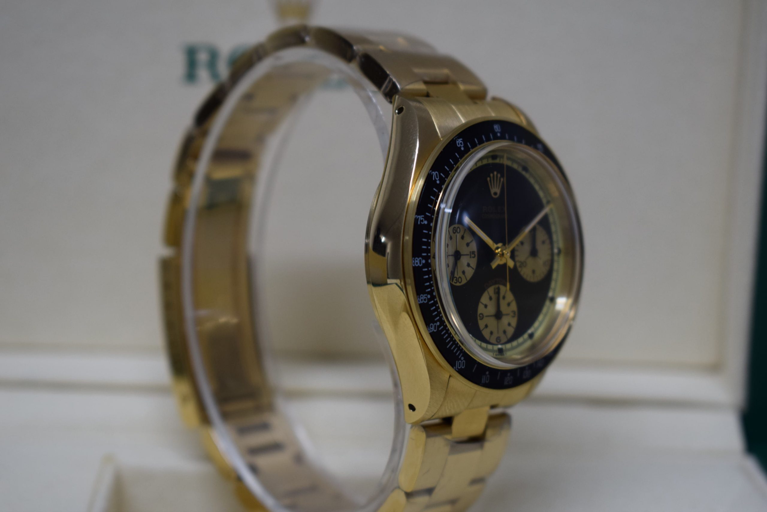 Rolex replica vintage daytona paul newman john player special 6264 yellow gold black dial - immagine 8