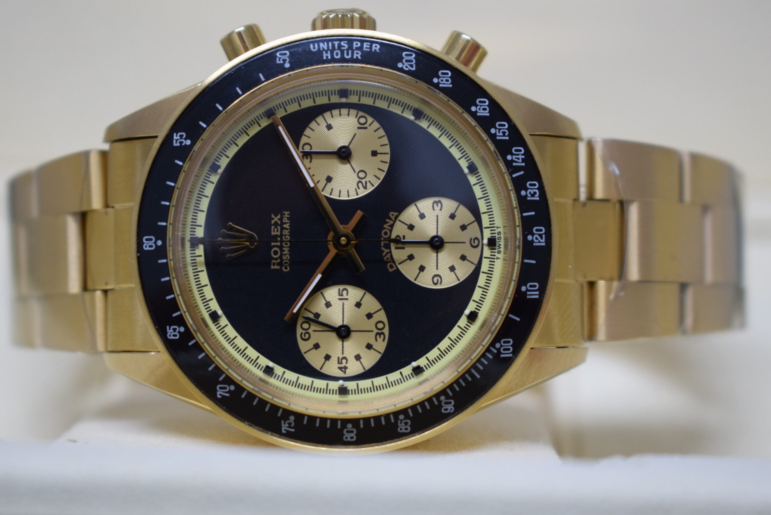 Rolex replica vintage daytona paul newman john player special 6264 yellow gold black dial - immagine 9